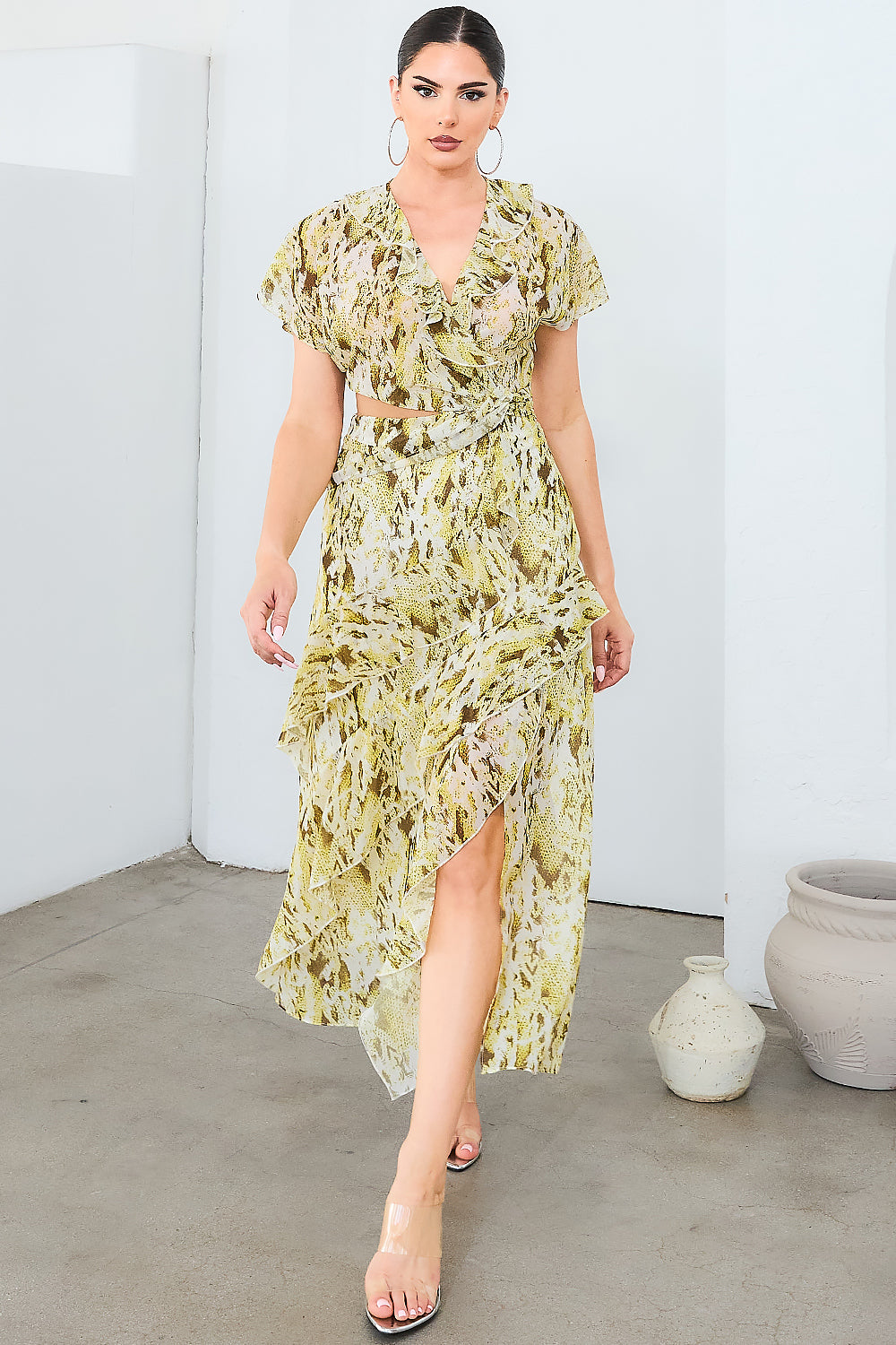 Chiffon Frill Slit Dress