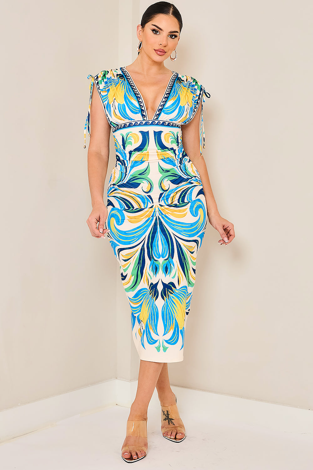 Plunge V-neck Shirring Midi Dress