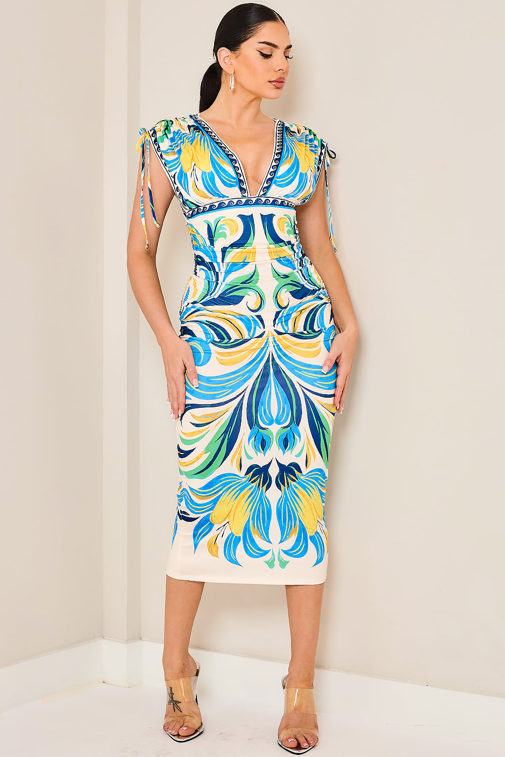 Plunge V-neck Shirring Midi Dress