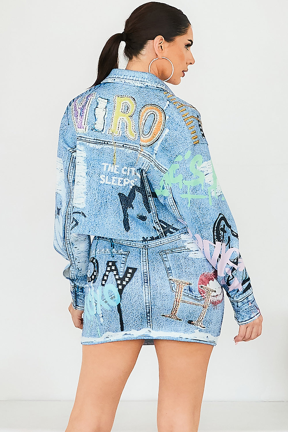 Graffiti Denim Effect Crop Jacket (JACKET ONLY)