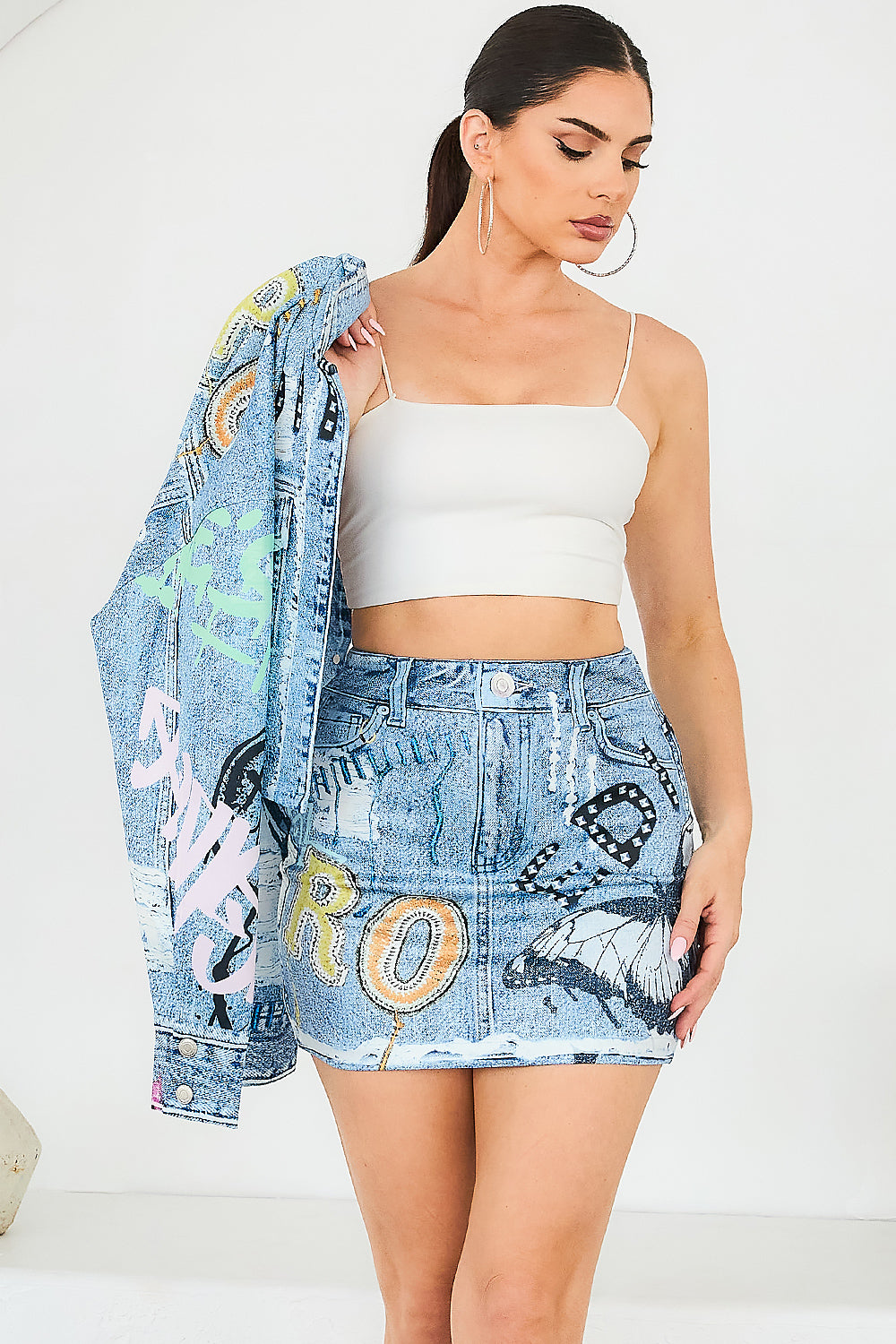 Graffiti Denim Effect Crop Jacket (JACKET ONLY)