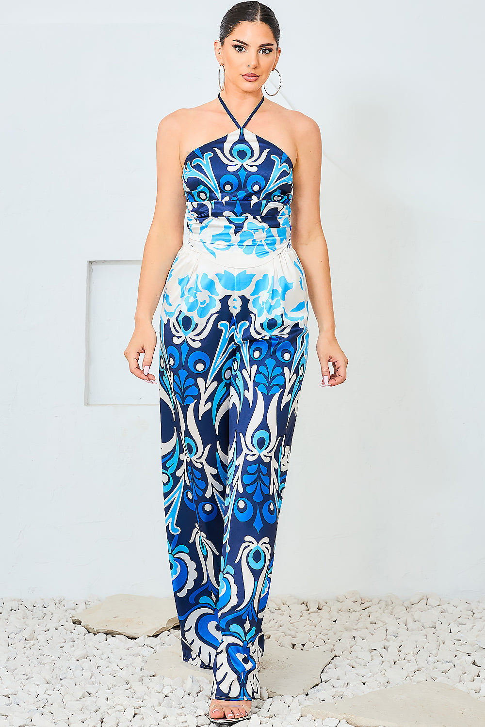 Satin Halter Scarf Top & Wide Pants Set