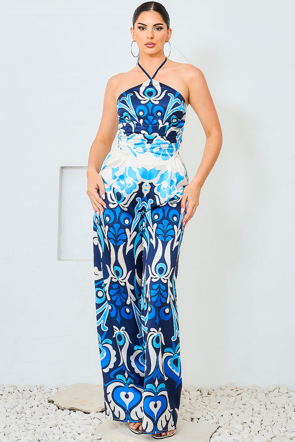 Satin Halter Scarf Top & Wide Pants Set