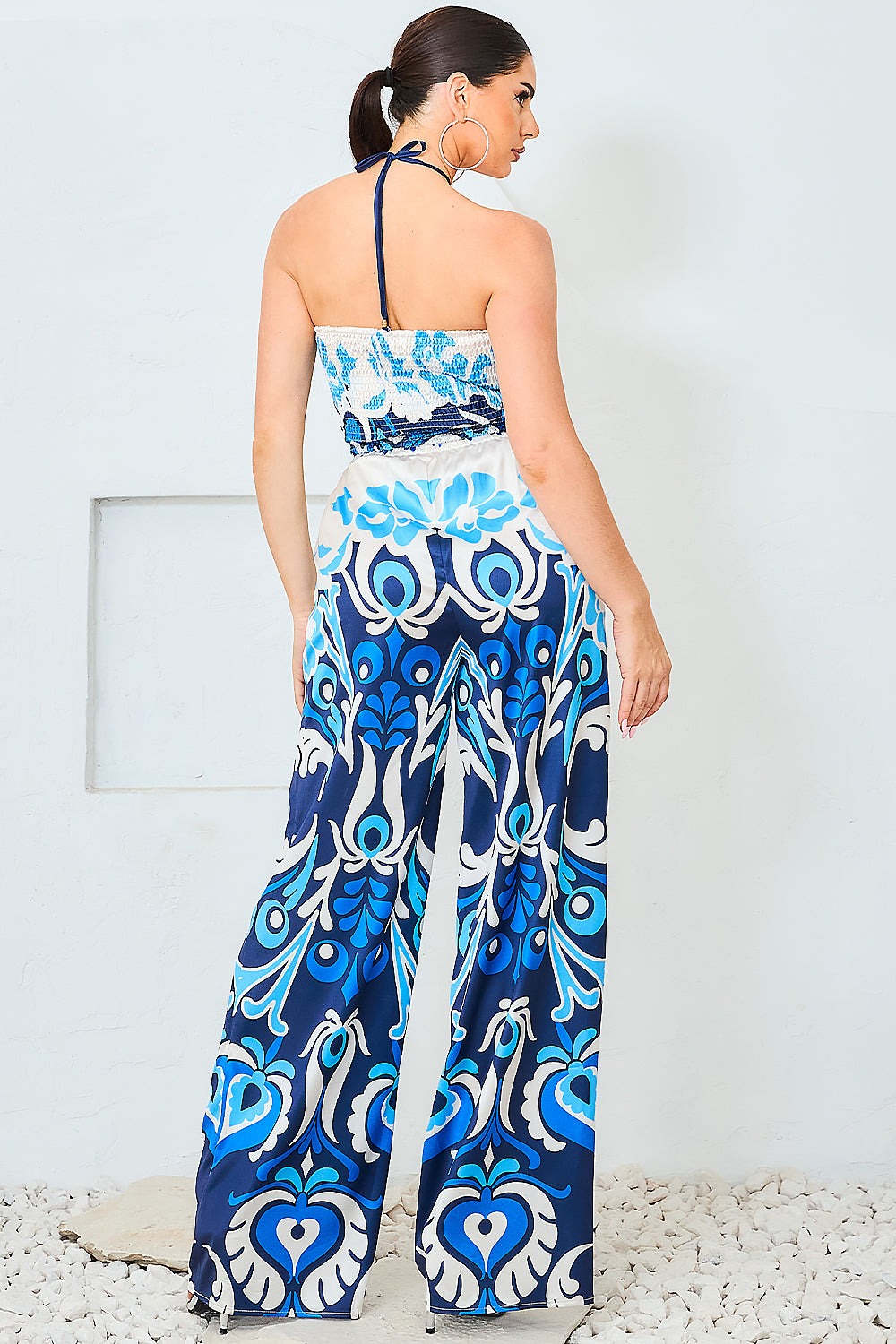 Satin Halter Scarf Top & Wide Pants Set